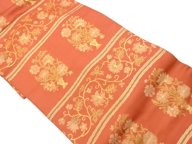 JAPANESE KIMONO / VINTAGE NAGOYA OBI / WOVEN FLOWER ARABESQUE & FLOWER VASE